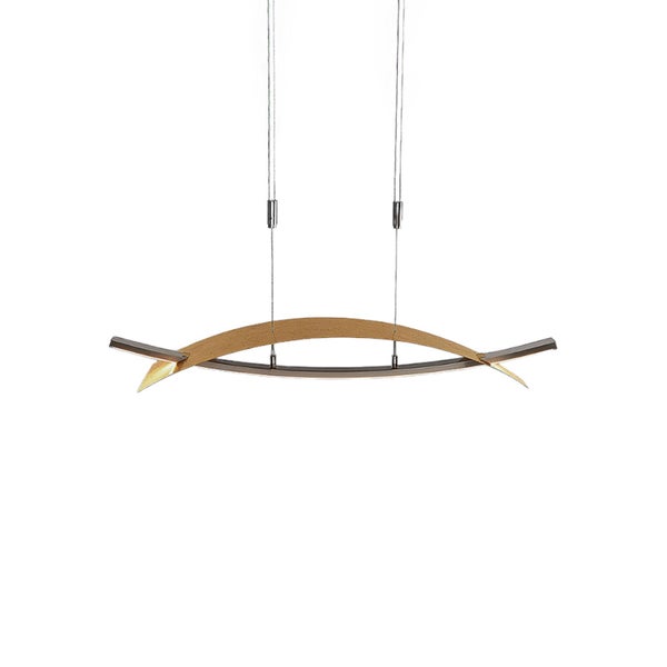 Moderne LED-Pendelleuchte mit zwei sich kreuzenden, gebogenen Metallelementen in Gold und Dunkelbraun, an zwei Seilen abgehängt.