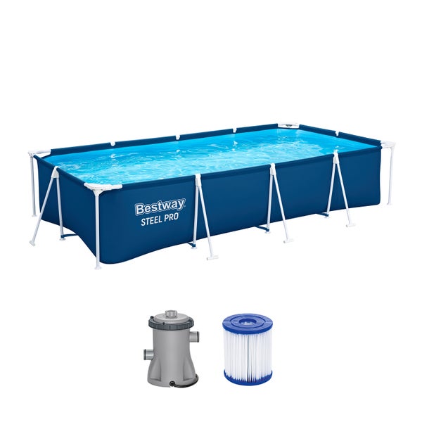 Blauer Bestway Steel Pro rechteckiger Rahmenpool mit Filterpumpe und Filterkartusche.