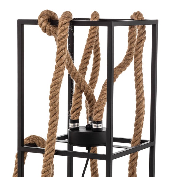 Detailansicht einer Pendelleuchte mit Seil und einem Metallrahmen.