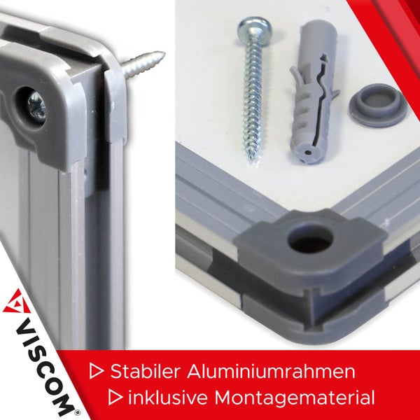 Viscom Aluminiumrahmen mit Montagezubehör, bestehend aus Schrauben, Dübeln und Abdeckkappen für die Wandmontage.