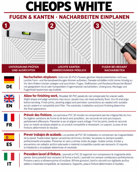 Infografik zur Montage von Cheops White 3D PVC Wandpaneelen mit Hinweisen zu Ausrichtung, Kantenausgleich und Fugenversiegelung.