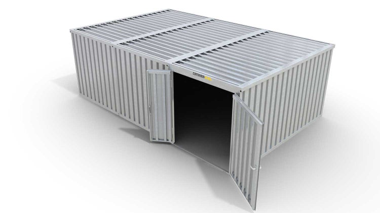 Lagercontainer Gerätehaus M3  – 18 qm, H2115 x B3050 x T6520 mm, verzinkt, ohne Fußboden, 1830 mm Doppelflügeltür mittig in Modul D, zerlegt