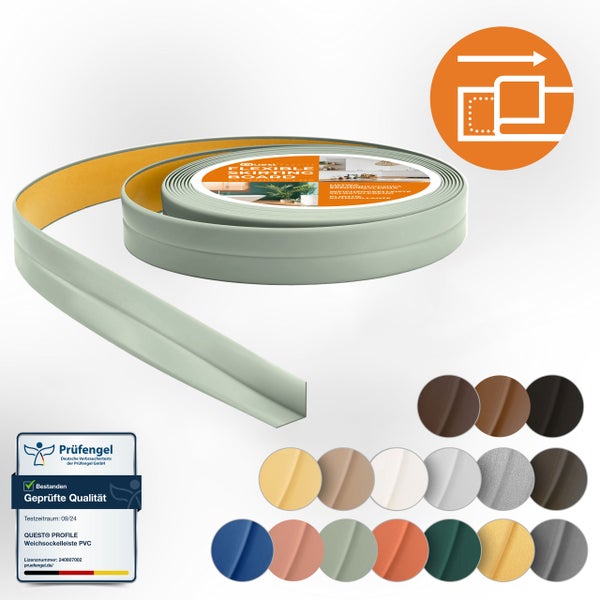 Flexible PVC Weichsockelleiste auf der Rolle mit Klebestreifen und Prüfsiegel für Wandabschlüsse.