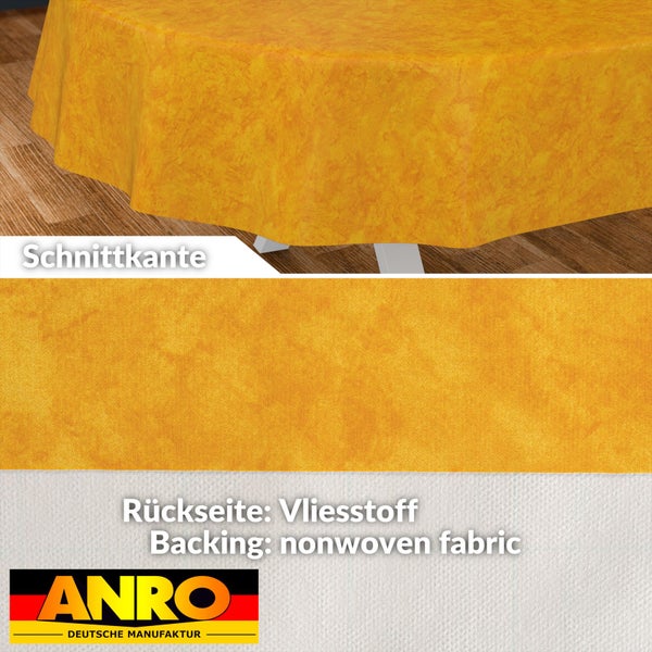 Wachstuch-Tischdecke mit marmoriertem Muster, Schnittkante und Rückseite aus Vliesstoff. ANRO Deutsche Manufaktur Logo.