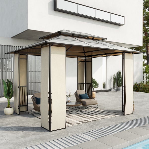 Outsunny Pavillon, Gartenpavillon, mit Sonnendach, Aluminum, Stahl, Polyester, 3,65 x 3 x 2,75 m, Braun+Hellgrau