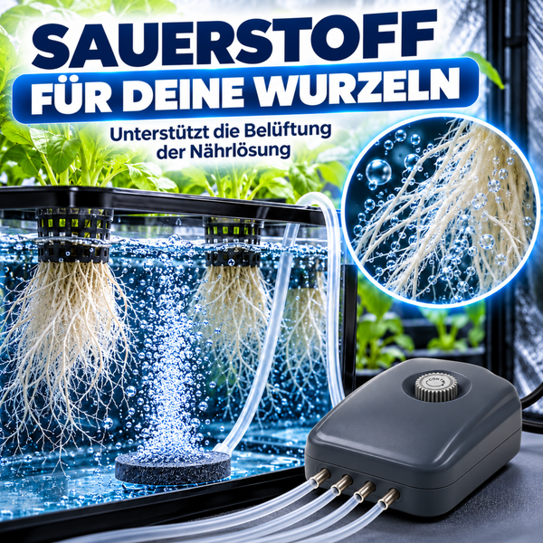 Aquarium Luftpumpe mit einstellbarer Luftzufuhr und vier Anschlüssen inklusive Stromkabel.