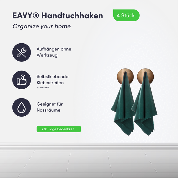 EAVY Logo, EAVY Handtuchhaken, vier Stück, selbstklebend, Montage ohne Werkzeug, für Feuchträume geeignet.