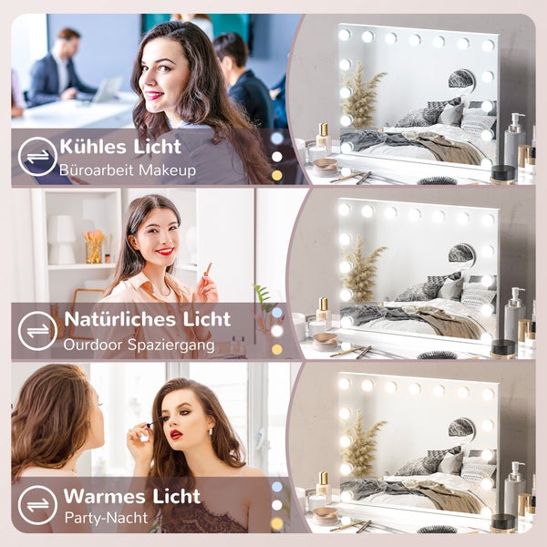 HOMCOM Hollywood Spiegel mit Beleuchtung, Schminkspiegel mit 15 LED Licht, Dimmbar Kosmetikspiegel mit 10X Vergrößerung, USB-Ladeanschluss, Wandspiegel mit Touch Steurung