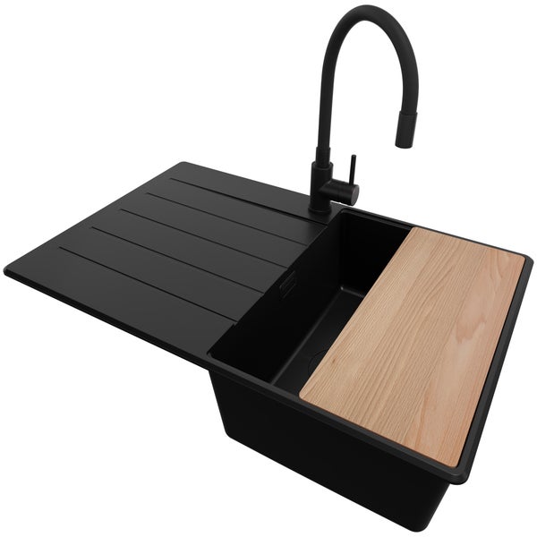 PRIMAGRAN Granitspüle Alles Schwarz 78x50cm, Spülbecken 1 Becken + Küchenarmatur 40x38cm + Ablauf-Set + Schneidebrett, Küchenspüle ab 45er Unterschrank - Kopenhagen
