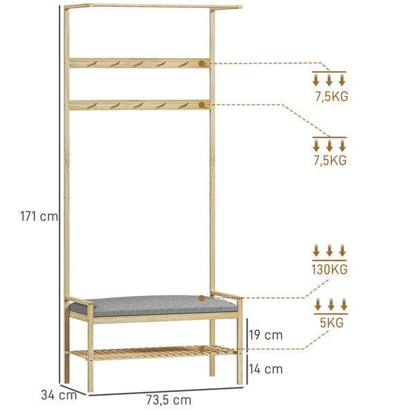 HOMCOM Garderobenständer mit Schuhbank, Kleiderständer mit Haken, Schuhregal, Garderobe mit Sitzkissen, Jackenständer für Eingangsbereich, Flur, Bambus, Natur