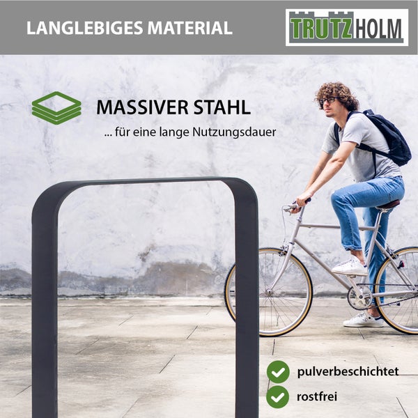 Fahrradparker aus pulverbeschichtetem, rostfreiem Stahl mit Radfahrer und TrutzHolm Logo