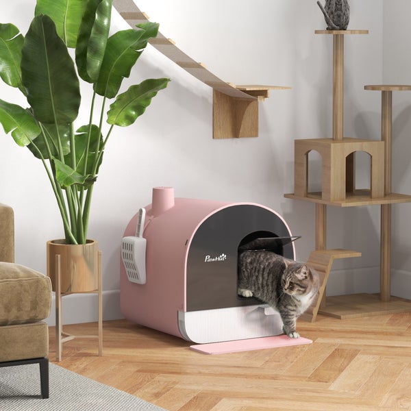 PawHut Katzentoilette mit Deckel, Katzenklo inkl. Schaufel und Streu-Matte, Ausziehbares Tablett, Katzenklo für Katzen bis 5 kg, Rosa, 43 x 44 x 47 cm