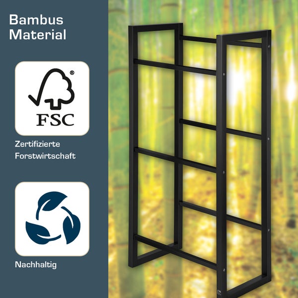 Brennholzregal aus Metall mit FSC-Siegel und Nachhaltigkeitslogo