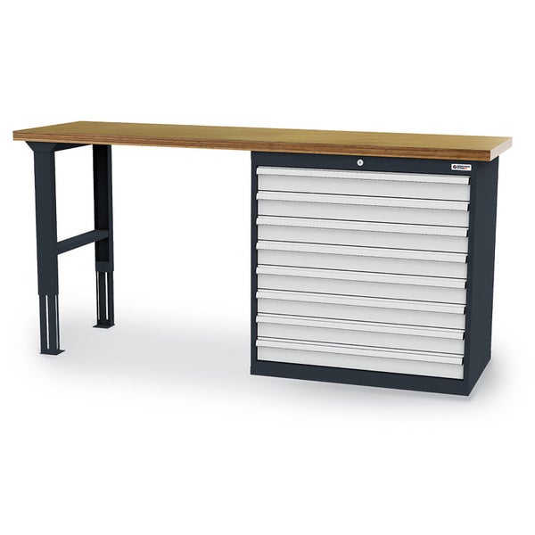 Werkbank mit Holzplatte und Schubladenschrank
