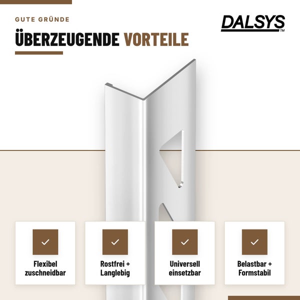 Dalsys Fliesenprofil aus Metall zur Kantenabdeckung als Eckschutz mit Vorteilen wie rostfrei und formstabil