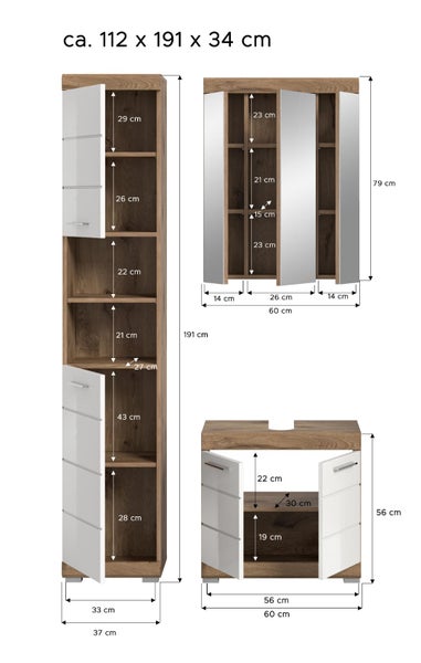 Badezimmermöbel-Set bestehend aus Hochschrank, Spiegelschrank und Waschbeckenunterschrank mit detaillierten Maßangaben in Zentimeter.