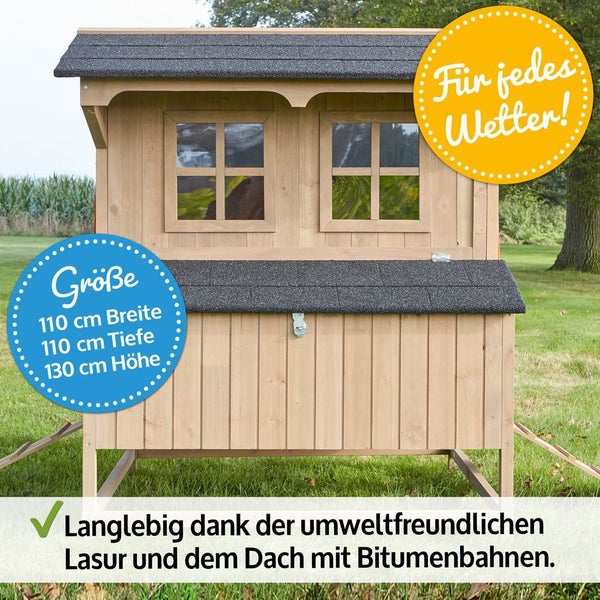 Wetterfester Hühnerstall aus Holz mit Bitumendach, 110 Zentimeter Breite, 110 Zentimeter Tiefe, 130 Zentimeter Höhe.