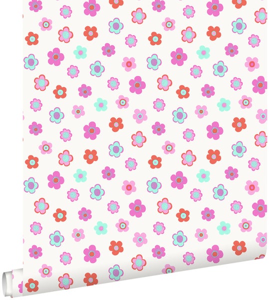 ESTAhome Tapete Blumenmuster Rosa, Türkis und Korallenrot - 53 cm x 10.05 m - 138724
