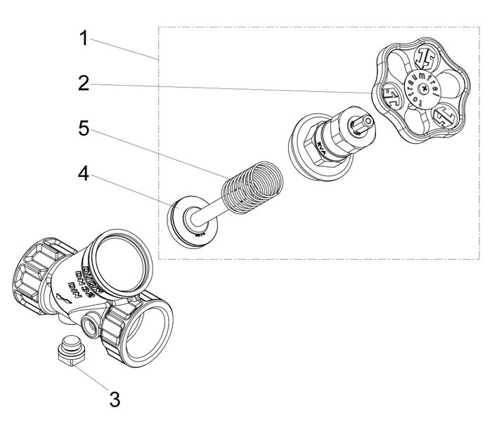 Explosionszeichnung eines Freistromventils mit nummerierten Einzelteilen wie Handrad, Oberteil, Feder, Ventilkegel und Entleerventil.