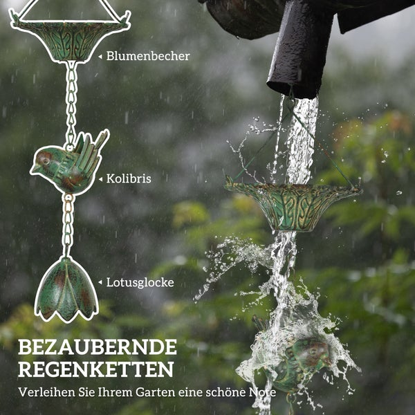 Outsunny 3er Set Regenkette 123cm Regenablaufkette aus Metall Ablaufkette mit befestigtem Aufhänger Vögeln Bell Dachrinnenkette Regenwasserkette Regenfängerkette für Dachrinnen Regenfänger Regenketten