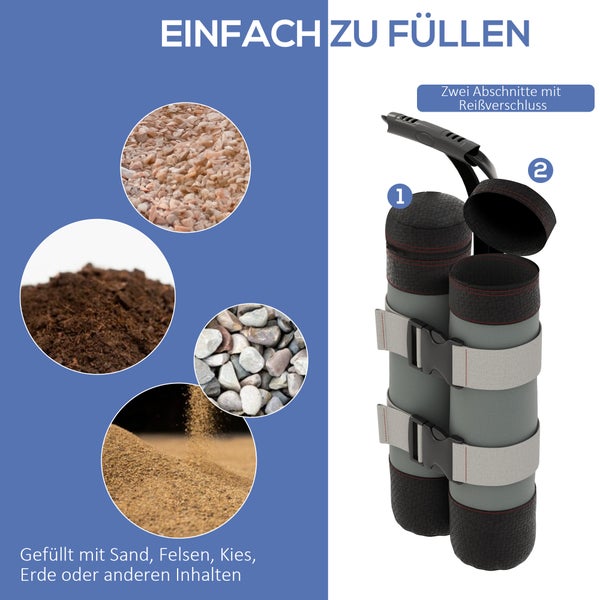 Zwei zylindrische Gewichtstaschen zum Befüllen mit Sand, Kies oder Erde, mit Tragegriff, Reißverschluss und verstellbaren Gurten.