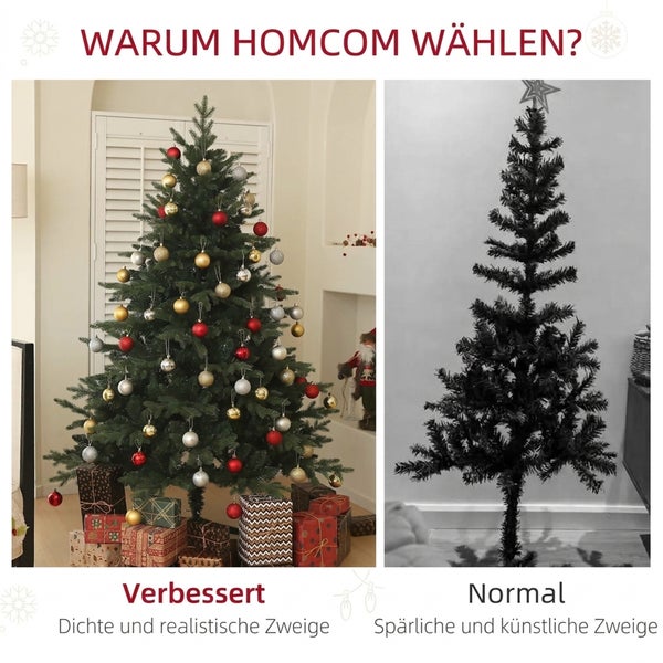 Vergleichsbild eines dichten, geschmückten Homcom künstlichen Weihnachtsbaums mit einem herkömmlichen, spärlichen Weihnachtsbaum.