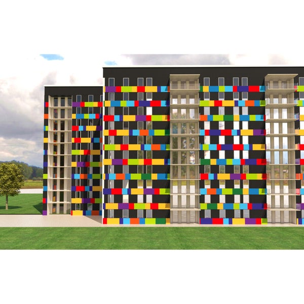 Ansicht eines Mehrfamilienhauses mit farbenfroher Fassadengestaltung und Balkonen