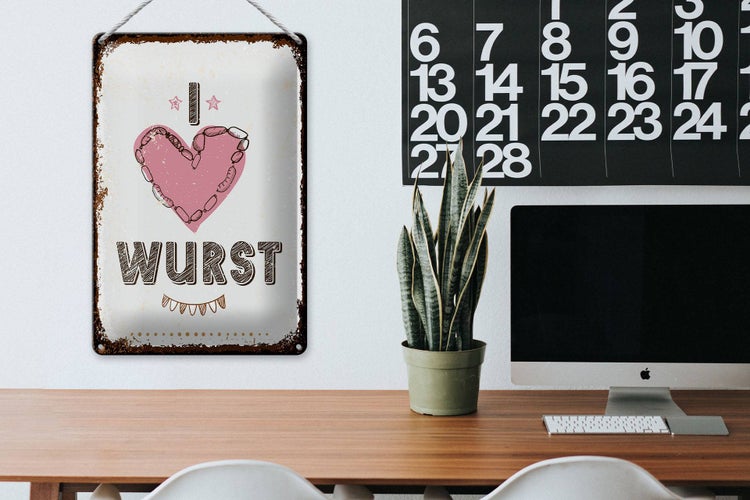 Blechschild Spruch Essen I love Wurst Herz 20x30cm