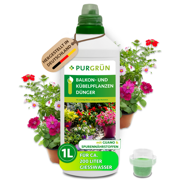 Purgrün Balkon- und Kübelpflanzendünger, 1 Liter Flasche mit Guano und Spurennährstoffen, hergestellt in Deutschland, für circa 200 Liter Gießwasser.
