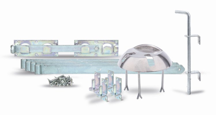 Set mit Metall-Beschlägen für Garten-Tore inklusive Riegel, Bänder, Kloben, Schrauben und Bodenhülse.