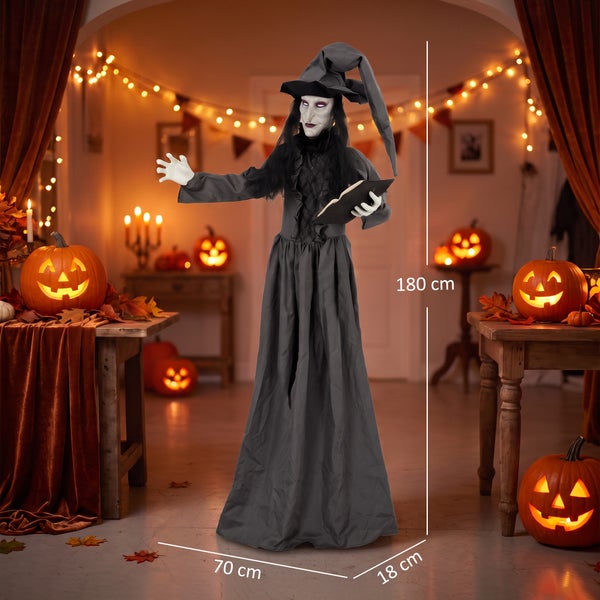 Lebensgroße Hexen Dekoration für Halloween mit Buch, 180 Zentimeter hoch, ideal für die stimmungsvolle Innenraumgestaltung.