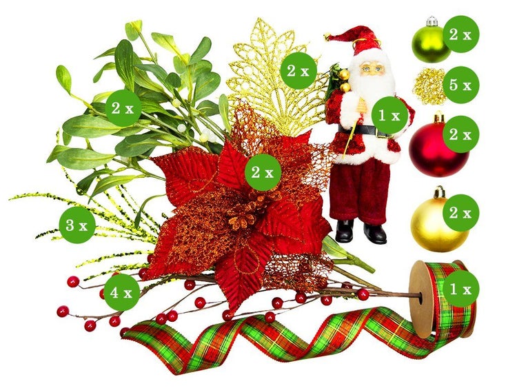 Set mit Weihnachtsdekoration bestehend aus einer Weihnachtsmannfigur, Kunstblumen, Weihnachtskugeln, Beerenstielen, Schleifenband und Dekoartikeln.
