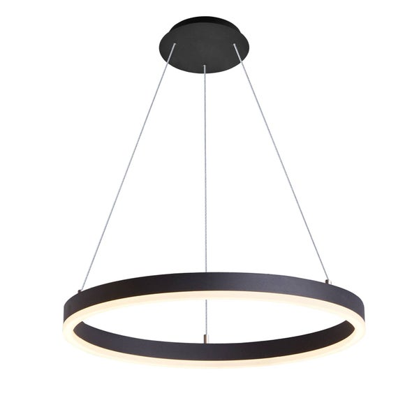 Schwarze LED-Pendelleuchte in Ringform mit drei Seilaufhängungen und runder Deckenrosette.