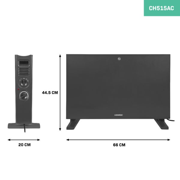 Vonroc Konvektionsheizer mit den Abmessungen 66 cm Breite, 44,5 cm Höhe und 20 cm Tiefe.