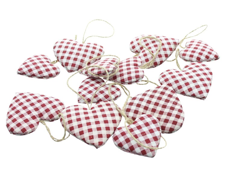 FRANK FLECHTWAREN | Herzhänger Kariert, 12er Set, TEXTIL, PAPIER, SCHAUMSTOFF, JUTE, Ø 5 cm, Ø 6,5 cm