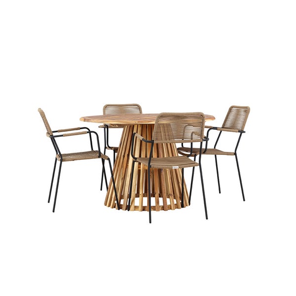 Gartentischset mit Holztisch und vier Stühlen mit Armlehnen und Seilbespannung