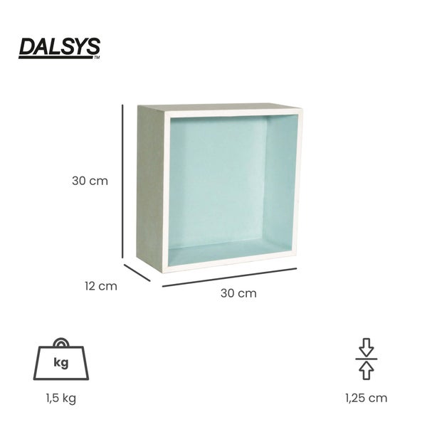 Dalsys Logo. Quadratisches Wandregal, 30 mal 30 mal 12 Zentimeter, Gewicht 1,5 Kilogramm, Materialstärke 1,25 Zentimeter.