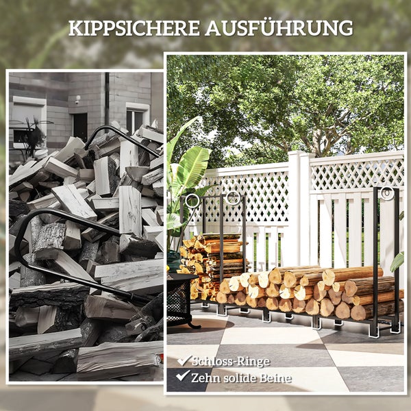 Outsunny Kaminholzregal, mit zwei Abschnitte, drei Haken, für Outdoor, Indoor, bis 300 kg, 240 x 32 x 115 cm, Stahl, Schwarz