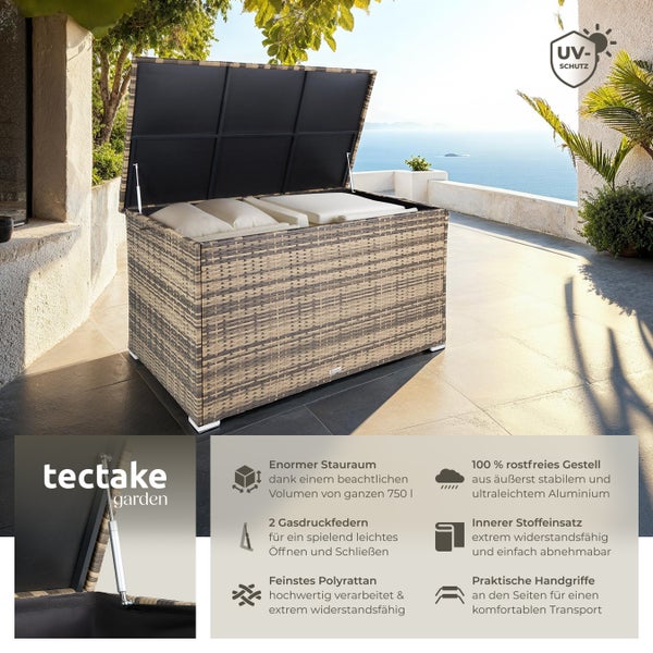 Auflagenbox tectake Oslo 145 x 82,5 x 79,5 cm 750 l, mit Aluminiumgestell und Rattangeflecht natur