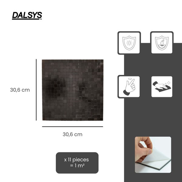 Dalsys Logo. Selbstklebende Mosaikfliese 30,6 mal 30,6 Zentimeter, 11 Stück für einen Quadratmeter. UV-beständig, wasserfest und pflegeleicht.