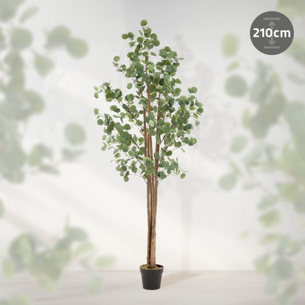 ML-Design Künstliche Eukalyptus 210 cm, Künstliche Pflanzen groß, Kunstpflanze mit Naturholzstamm, Fake Plastikpflanzen im Topf, Deko für Drinnen und Draußen, Kunstbaum wie echt für Wohnzimmer Büro