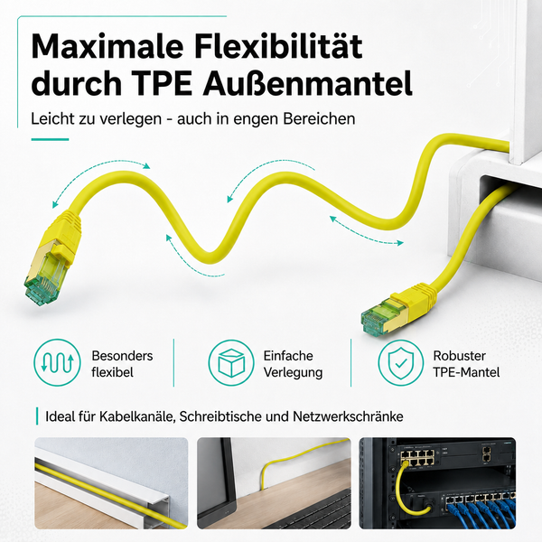 Flexibles Netzwerkkabel mit robustem Außenmantel für die einfache Verlegung in engen Bereichen, Kabelkanälen und Netzwerkschränken.