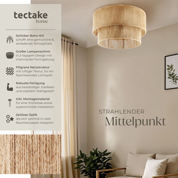 Tectake Home Deckenlampe mit zweistufigem Juteschirm in Boho Optik in einem Wohnzimmer mit gemütlicher Einrichtung und Montagehinweisen.
