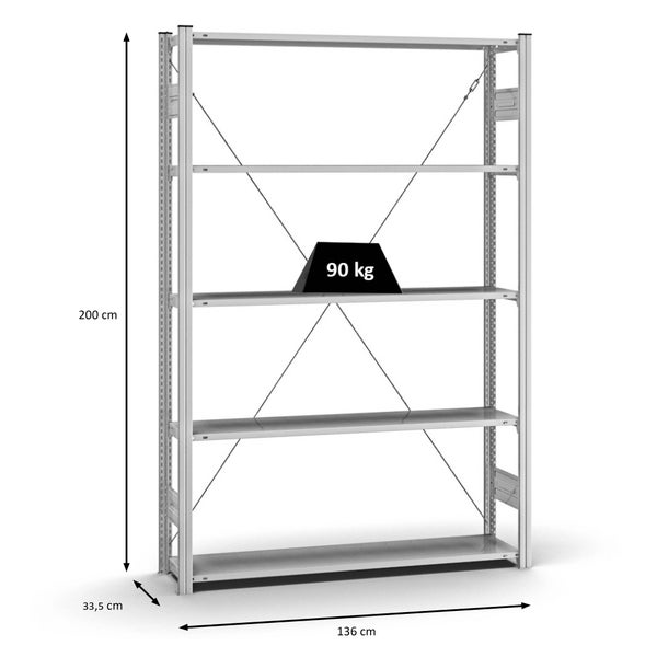 PROREGAL Profi Lagerregal Stecksystem T-Profil Grundregal HxBxT 200 x 130 x 30 cm Fachlast 90 kg Verzinkt