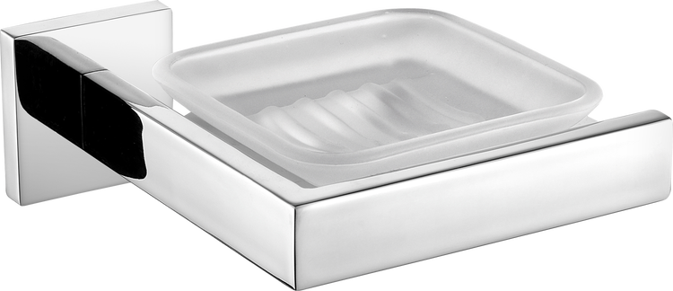 Wand-Seifenschale mit verchromter Halterung und Schale aus Mattglas.