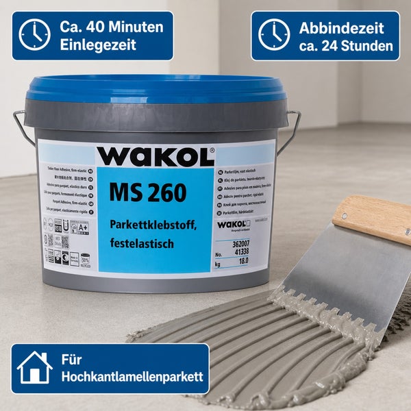 WAKOL MS 260 Parkettklebstoff festelastisch im 18 Kilogramm Eimer mit Zahnspachtel aufgetragen.