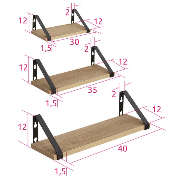 3er Set Wandregal tectake Cowell Höhe 12 cm Industrial Style Industrial Holz hell, Eiche Sonoma