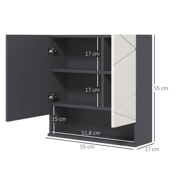 kleankin Spiegelschrank Bad, Badezimmerschrank mit Spiegel, Hängeschrank mit Verstellbar Ablage, Offenes Fach, Anti-Beschlag-Funktion, Wandschrank 55x17x55cm Grau