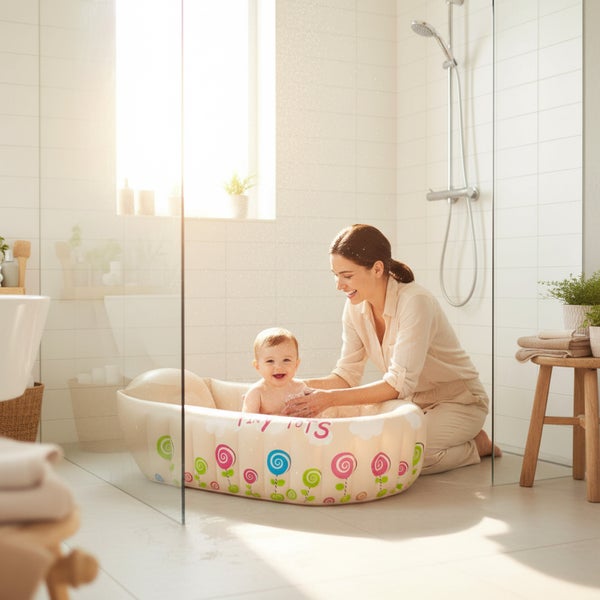 Mutter badet ihr Baby in einer aufblasbaren Babybadewanne in einem hellen, modernen Badezimmer mit Glasduschwand.