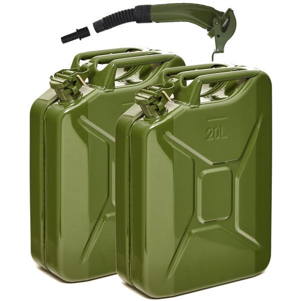 Zwei 20 Liter Metall Kraftstoffkanister mit flexiblem Ausgießer für Benzin und Diesel